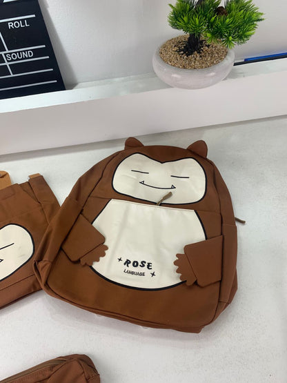Ensemble de Sacs Snorlax 3Pcs Design Kawaii Marron – حقيبة مدرسية 3 قطع لون بني
