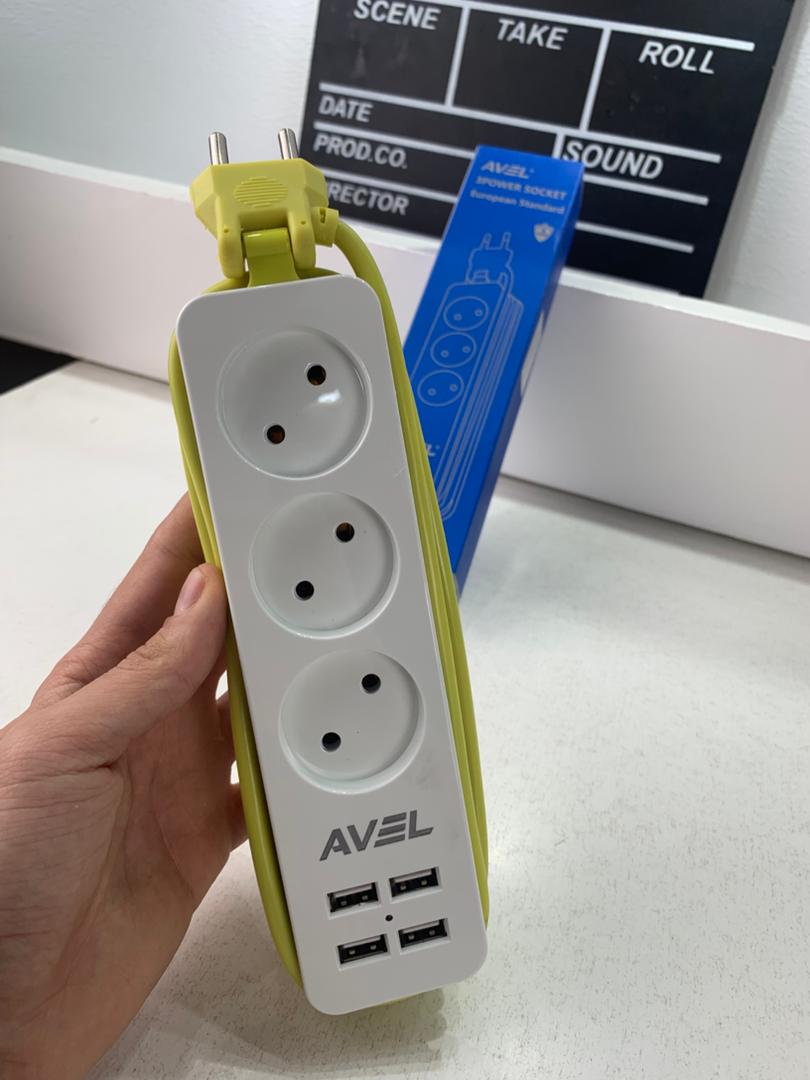 AVEL Multiprise 3 Sockets avec 4 ports USB Cordon 1,8 m Enroulable – مقبس طاقة مع منافذ شحن